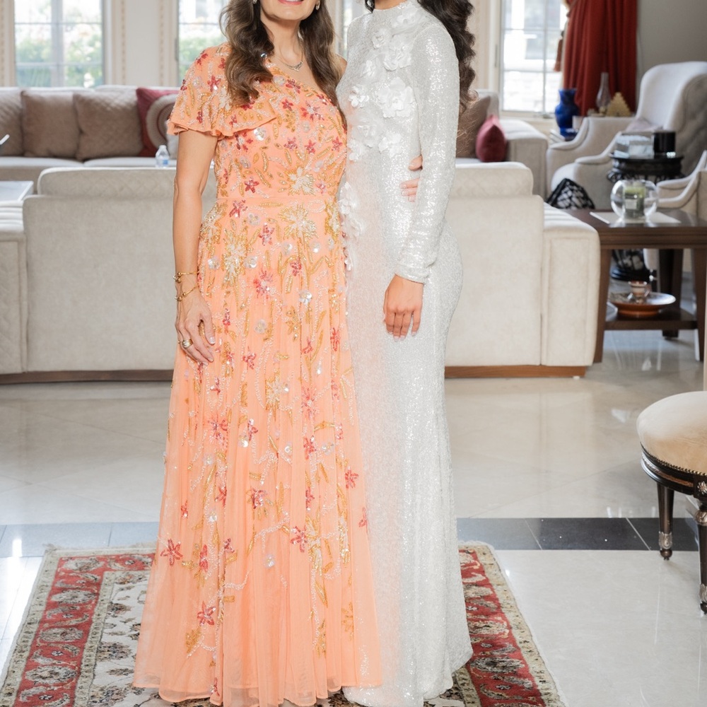 Tracy Sequin Mock-Neck floral appliqué gown